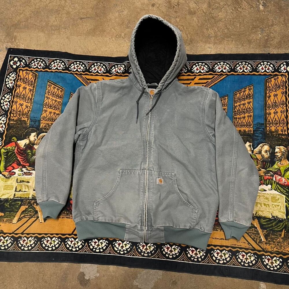 Vintage blue Carhartt Jacket Zip up canvas jacket Size Large j130 hooded jacket